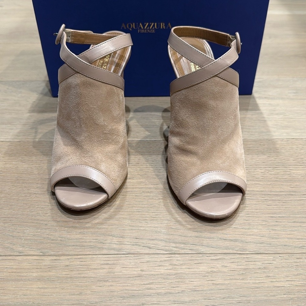 Aquazzura Tan Suede Peep-toe Stiletto Heels - Picture 3 of 6